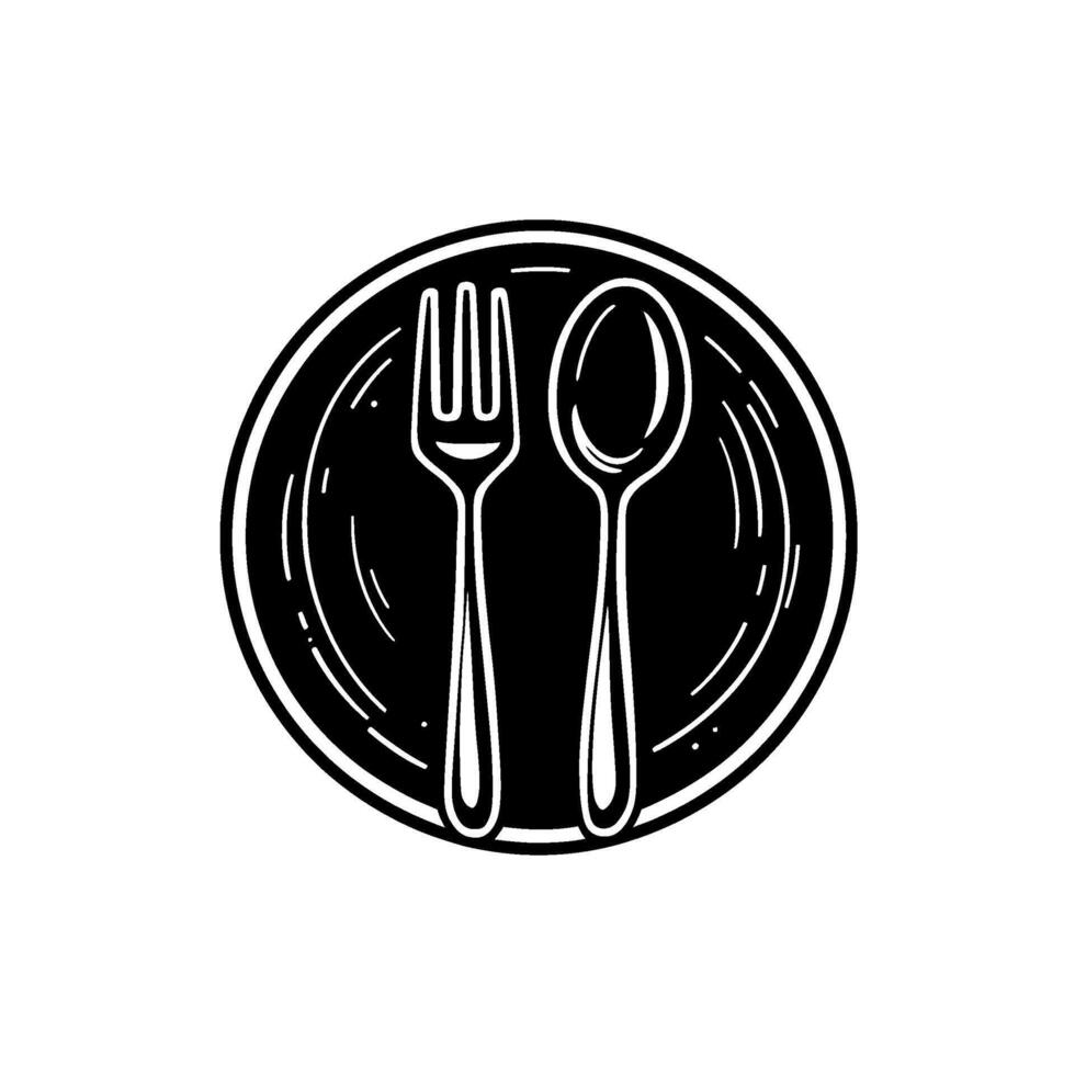 Stylized black and white illustration of a spoon and fork laid side-by-side on a round plate vector