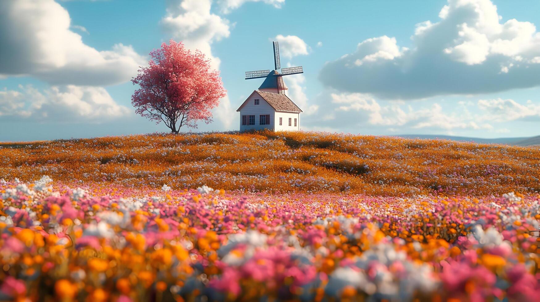 A windmill and a tree in a field with flowers photo