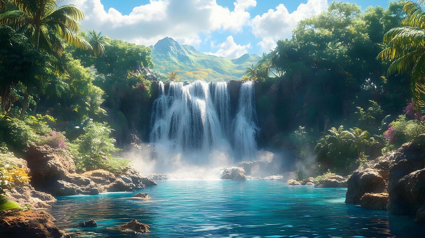 A waterfall in the middle of a tropical forest photo