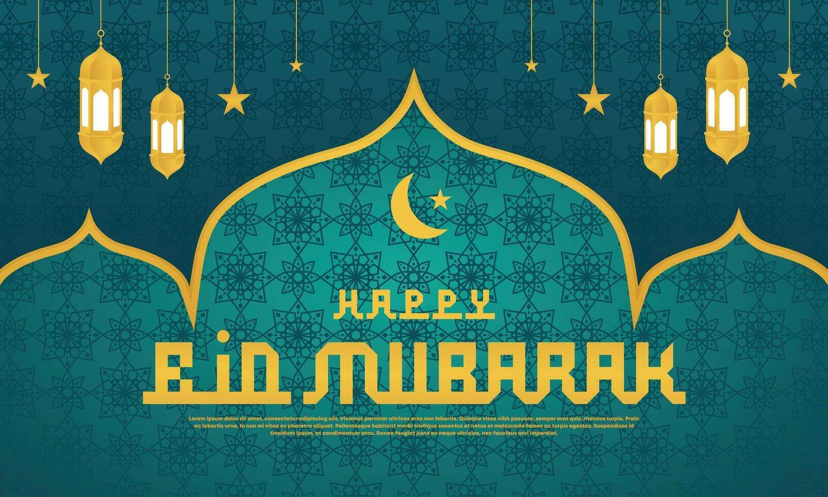 Happy Eid Mubarak Celebration. Islamic Ramadan Background with Gold Lanterns and Geometric Patterns vector