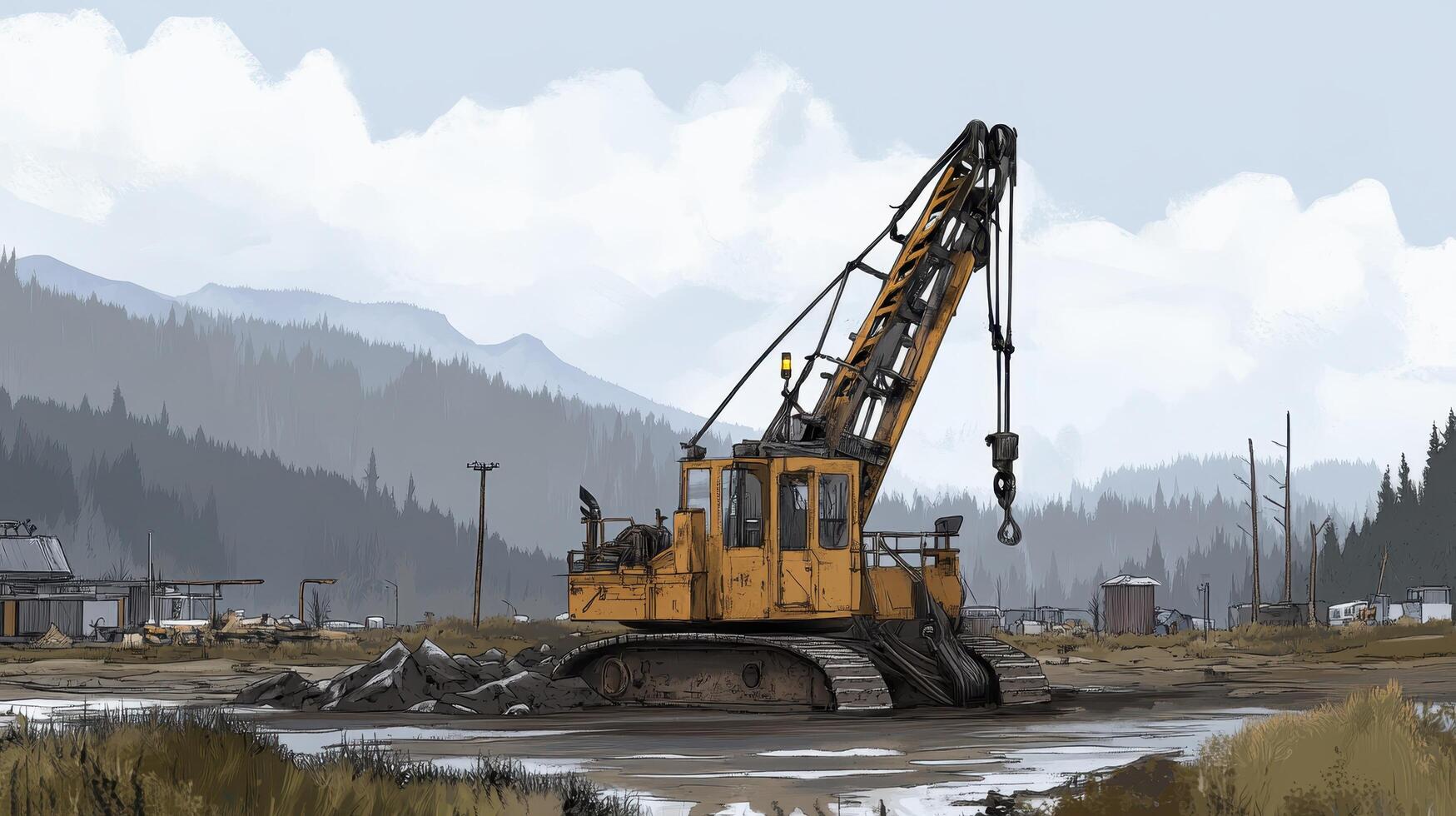 A large yellow construction crane stands in a wet rural landscape photo