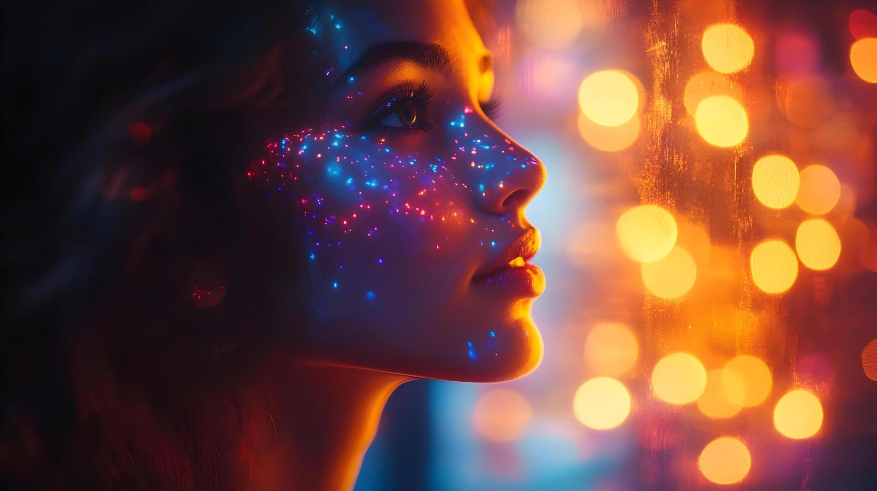 A woman with glowing lights on her face photo