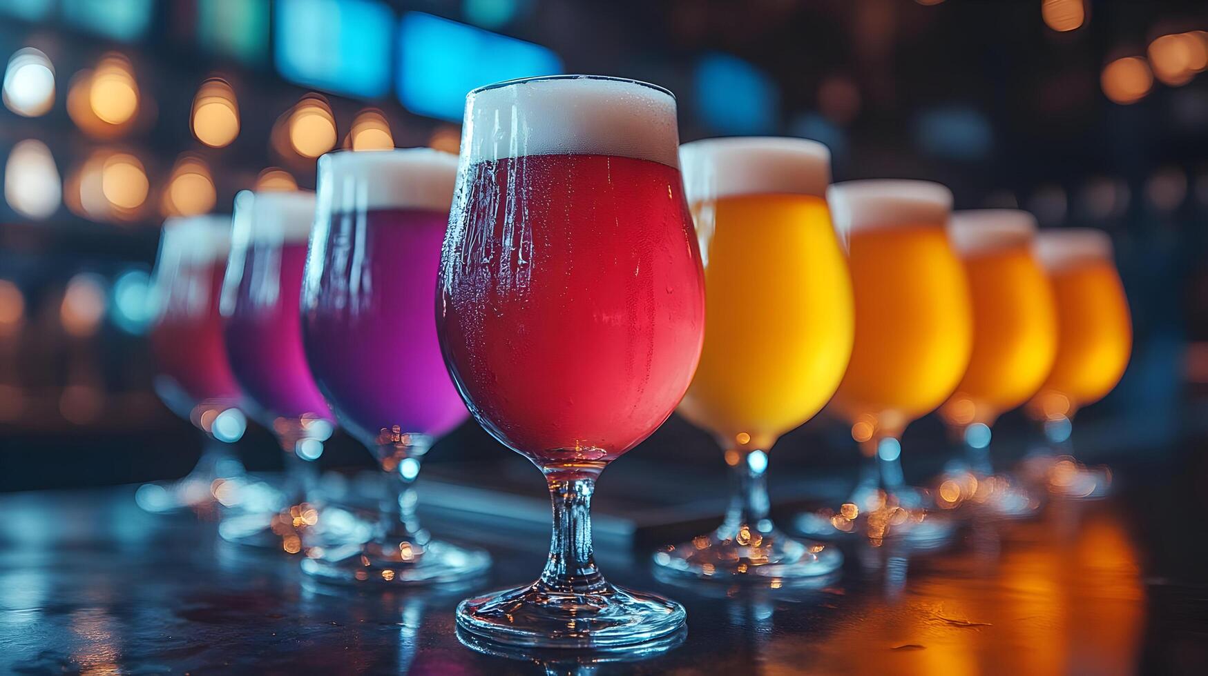 A row of beer glasses with different colored drinks photo