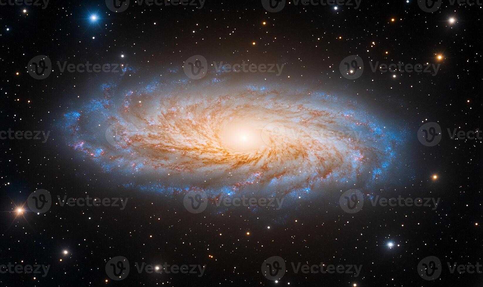 Spiral galaxy in deep space with bright core and blue arms. photo