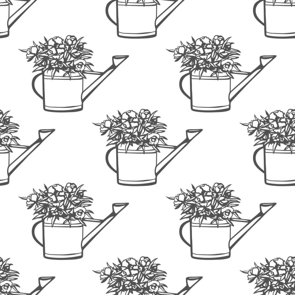 Hand drawn bouquet in watering can seamless pattern. Garden flowers in sketch style. Monochrome design for fabric, textile, wrapping paper vector