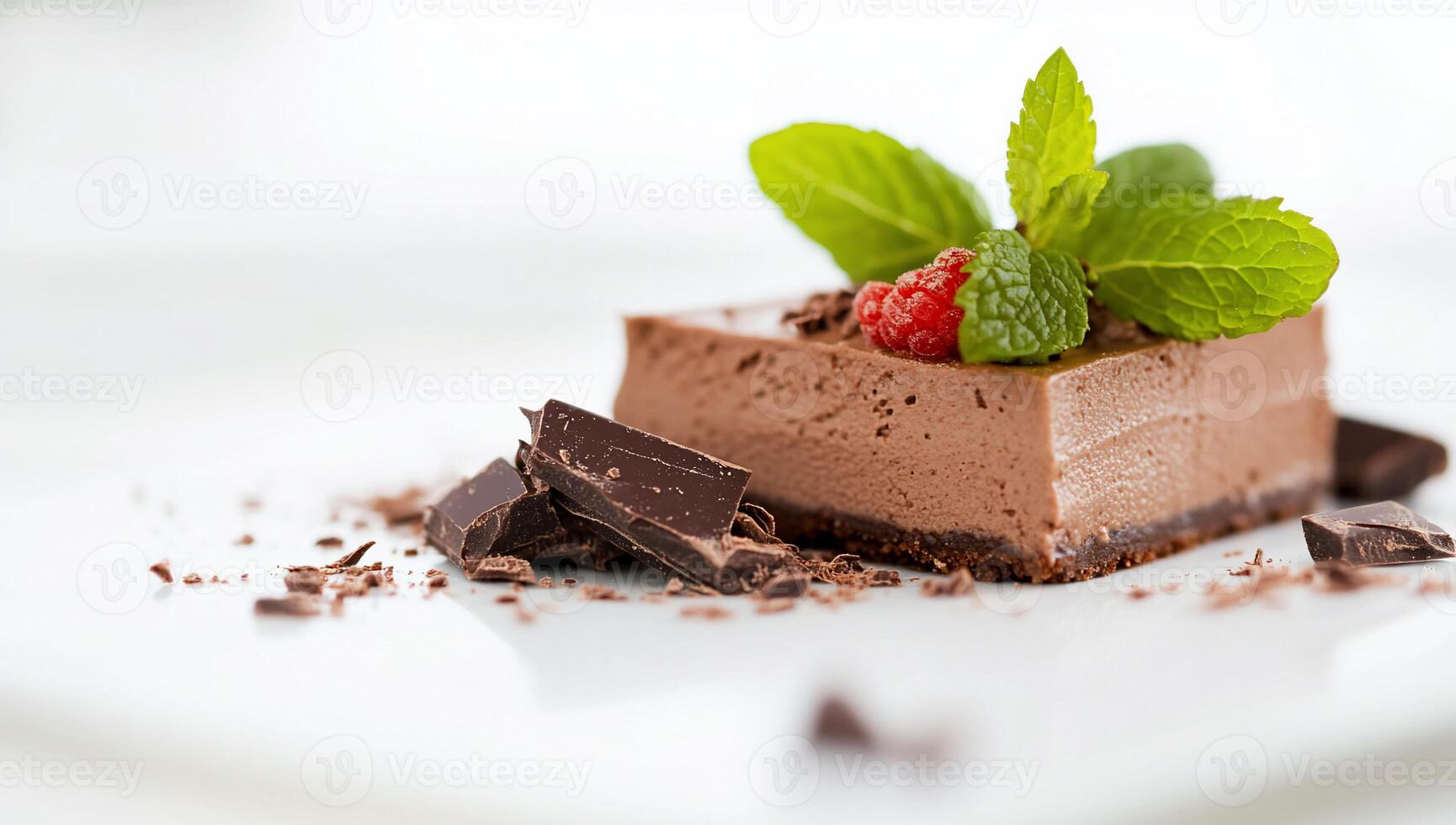A piece of chocolate cake with a raspberry leaf on top photo