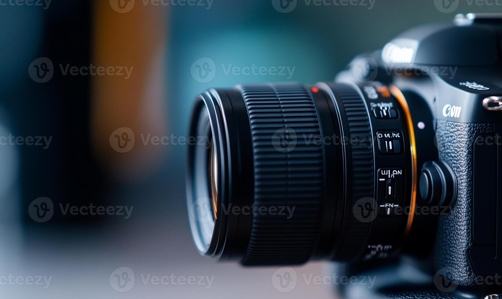 Close-up of professional DSLR camera with lens. photo