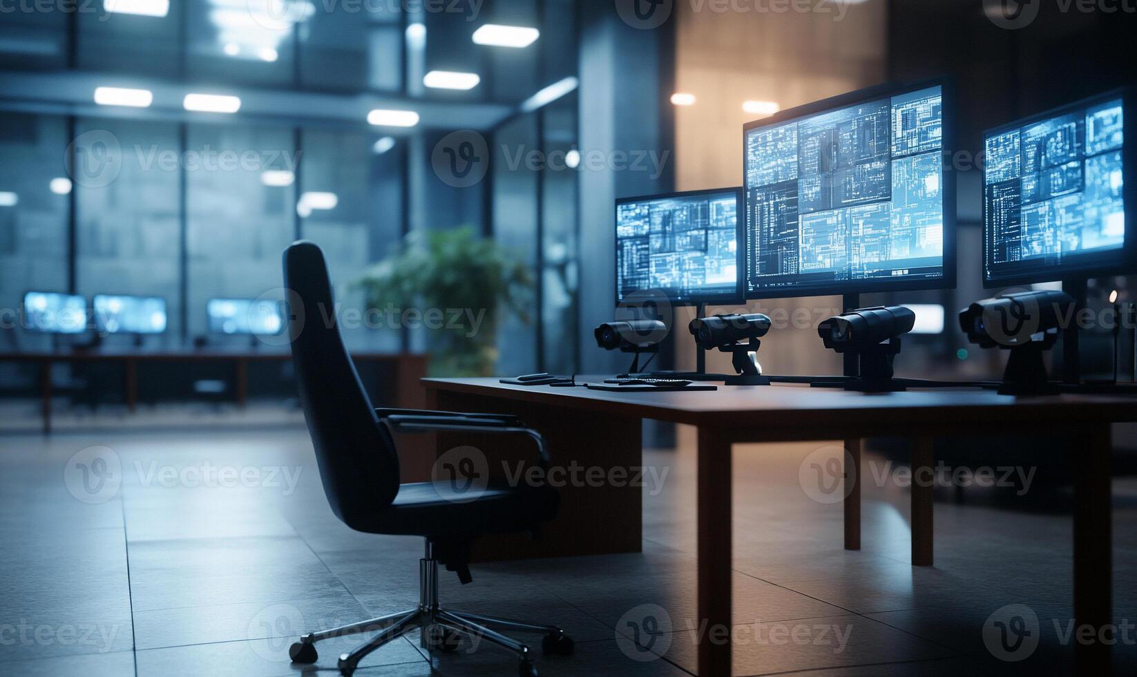 Modern security control room with monitors and cameras. photo