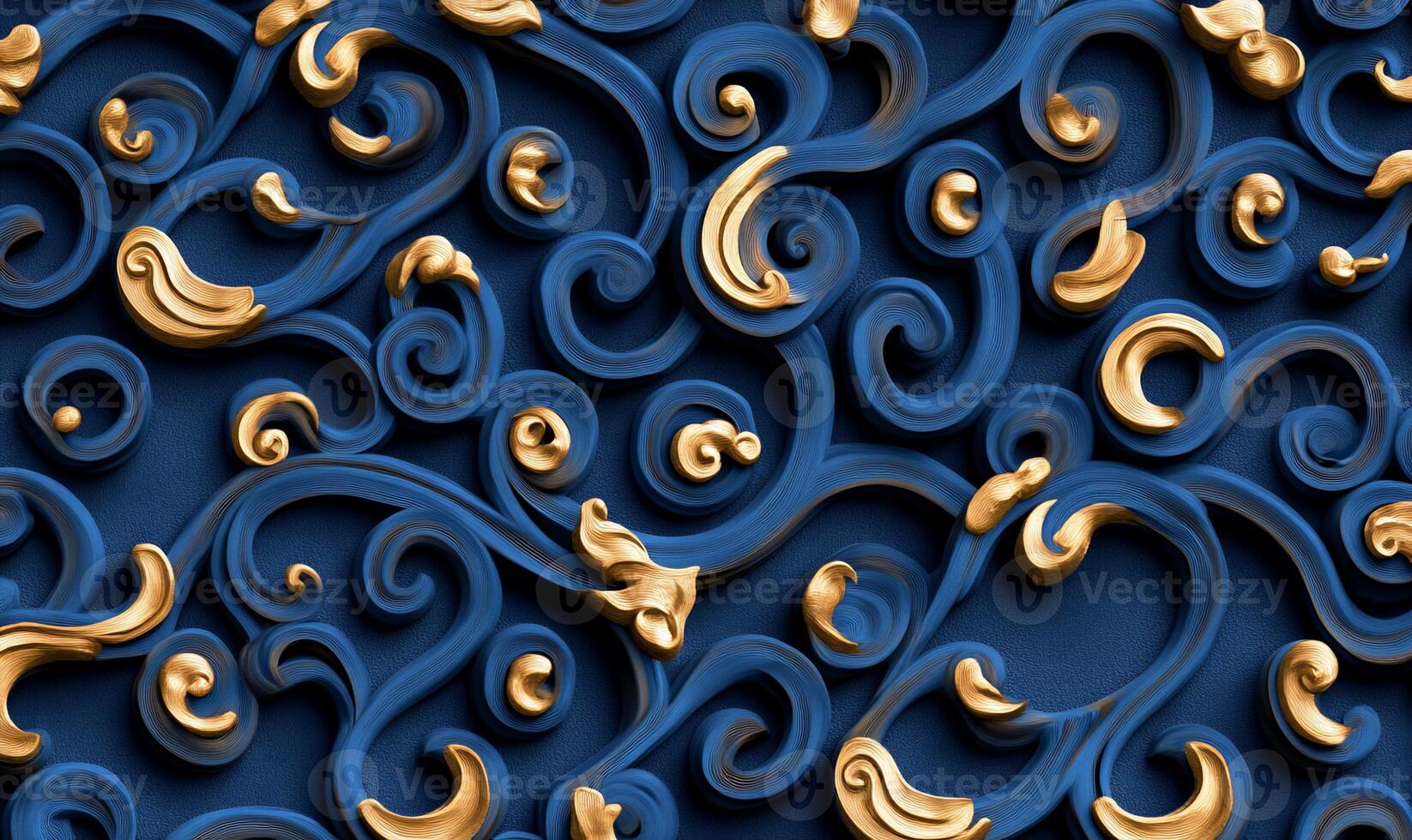 Abstract navy blue and gold swirling ornate pattern. photo