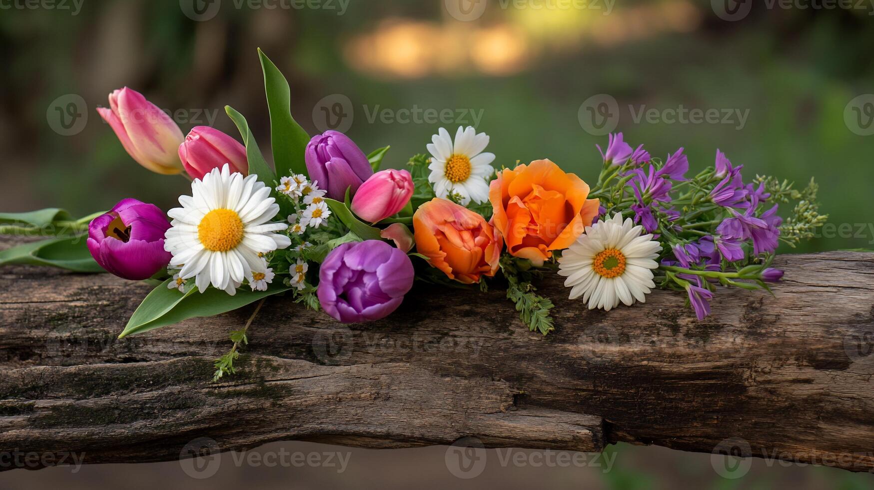 Colorful spring flowers arranged on rustic wood. photo