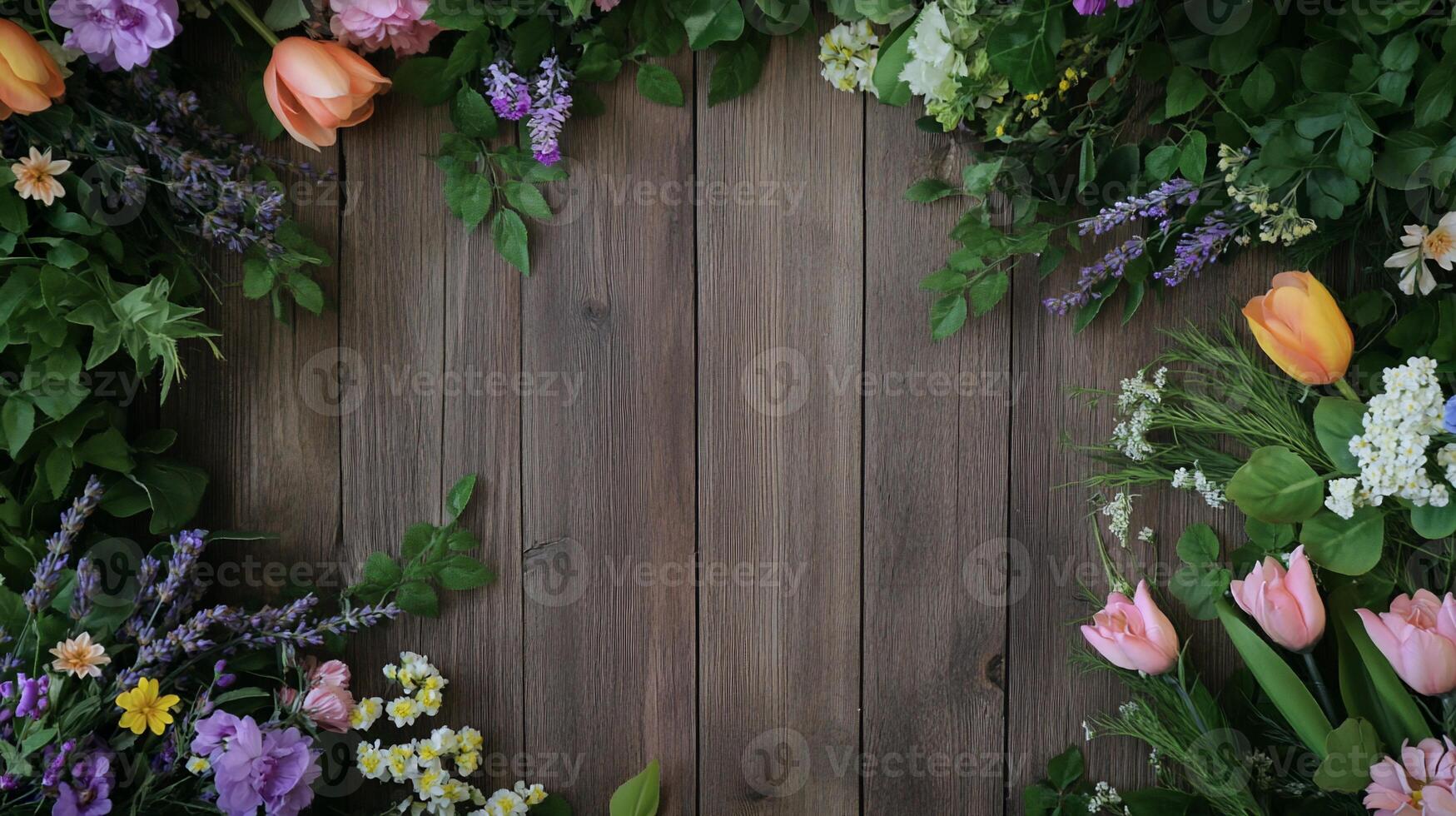 Floral frame on rustic wood background. photo