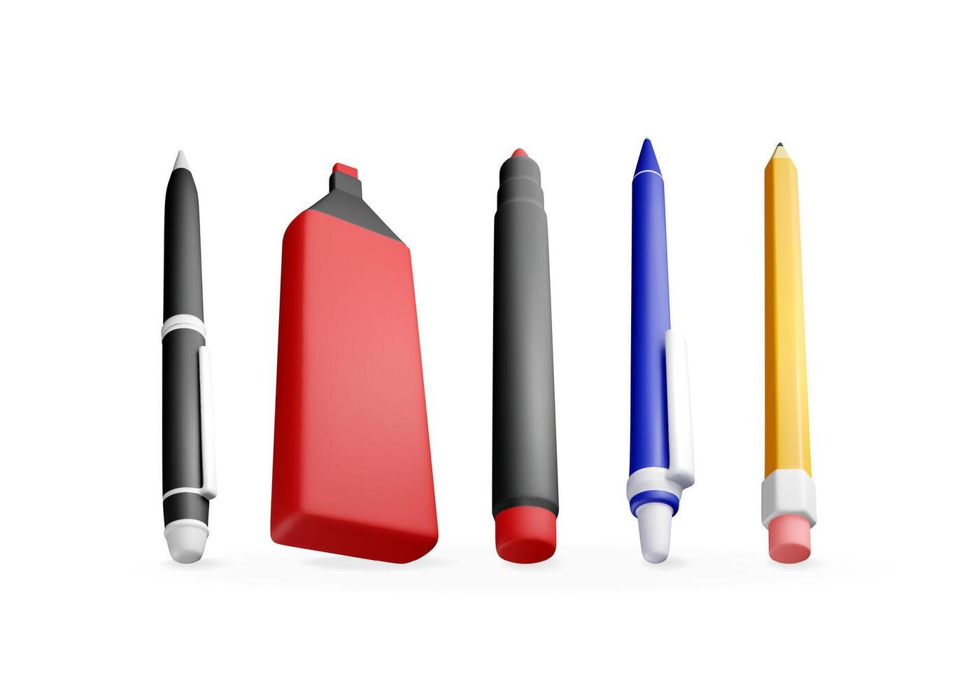 3D set of pens, pencil, markers isolated on white. Render collection of ballpoint pen, pencil with rubber eraser and felt pen vector