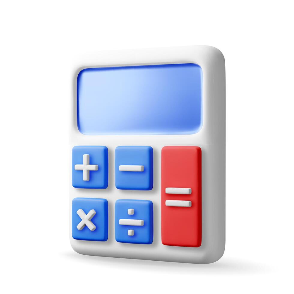 3D modern calculator isolated on white. Render mathematics icon. Addition, subtraction, multiplication and division buttons. Arithmetic operations. vector