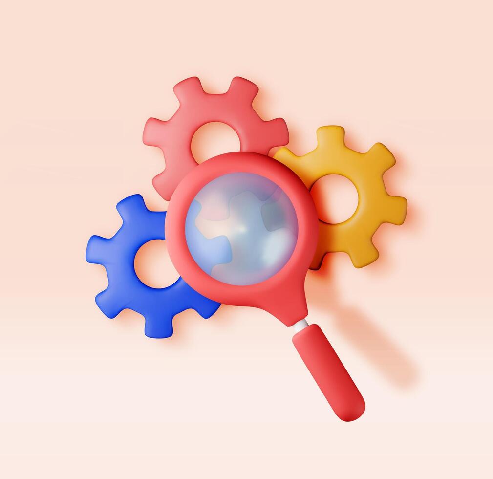3D cog gears with magnifying glass isolated. Render loupe with cog wheels icon. Search engine optimization, debugging, software upgrade. Review, inspection and analysis service vector