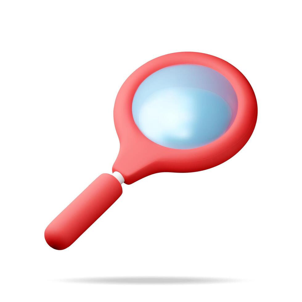 3D red magnifying glass isolated on white. Render plastic cartoon zoom lens. Loupe tool icon. Discovery, analysis, research, investigation vector