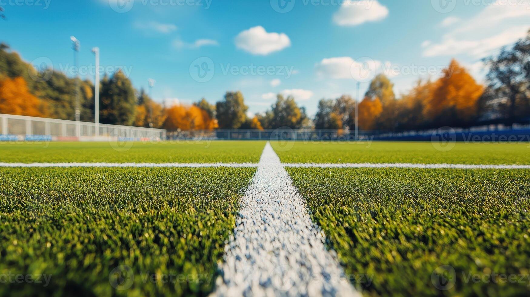 A close-up view of a soccer field with vibrant green grass and a clear blue sky. photo
