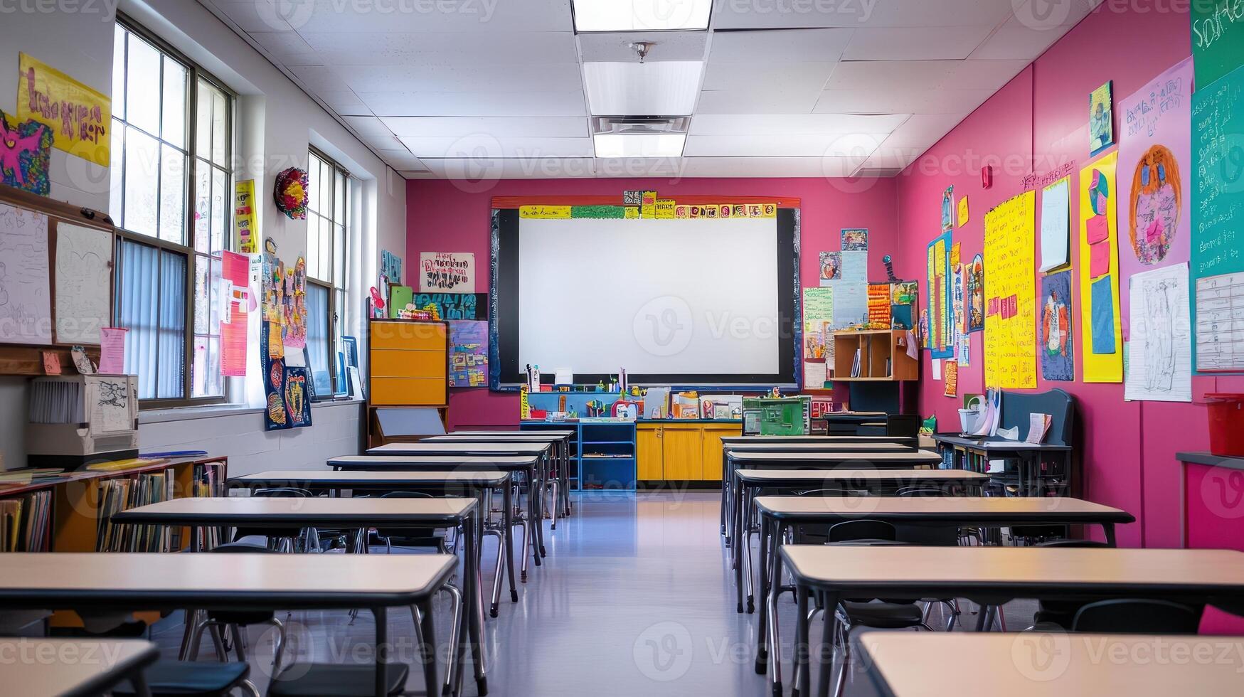 A colorful classroom with desks, educational materials, and a large whiteboard. photo