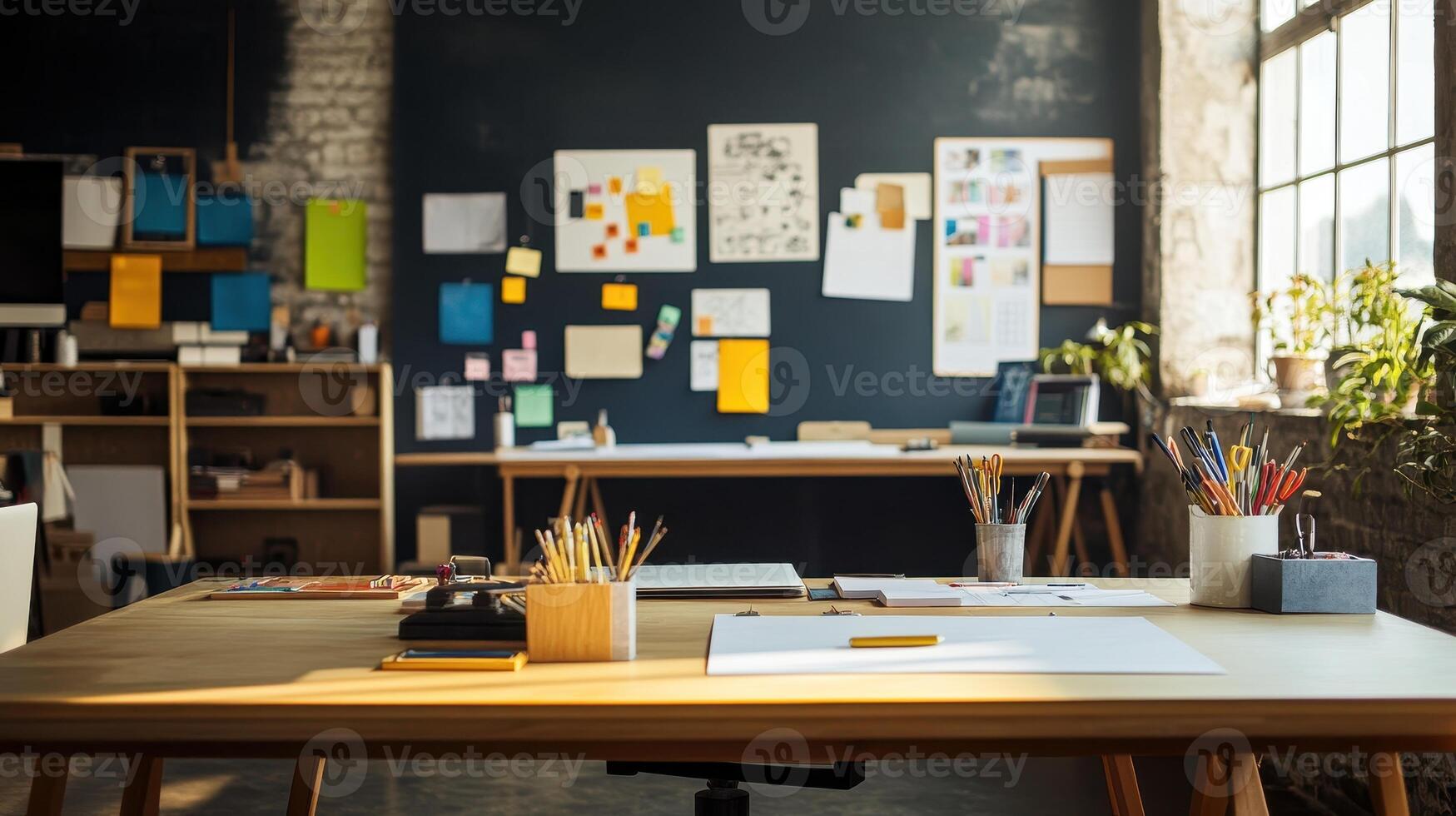 A creative workspace featuring desks, art supplies, and colorful notes on walls photo