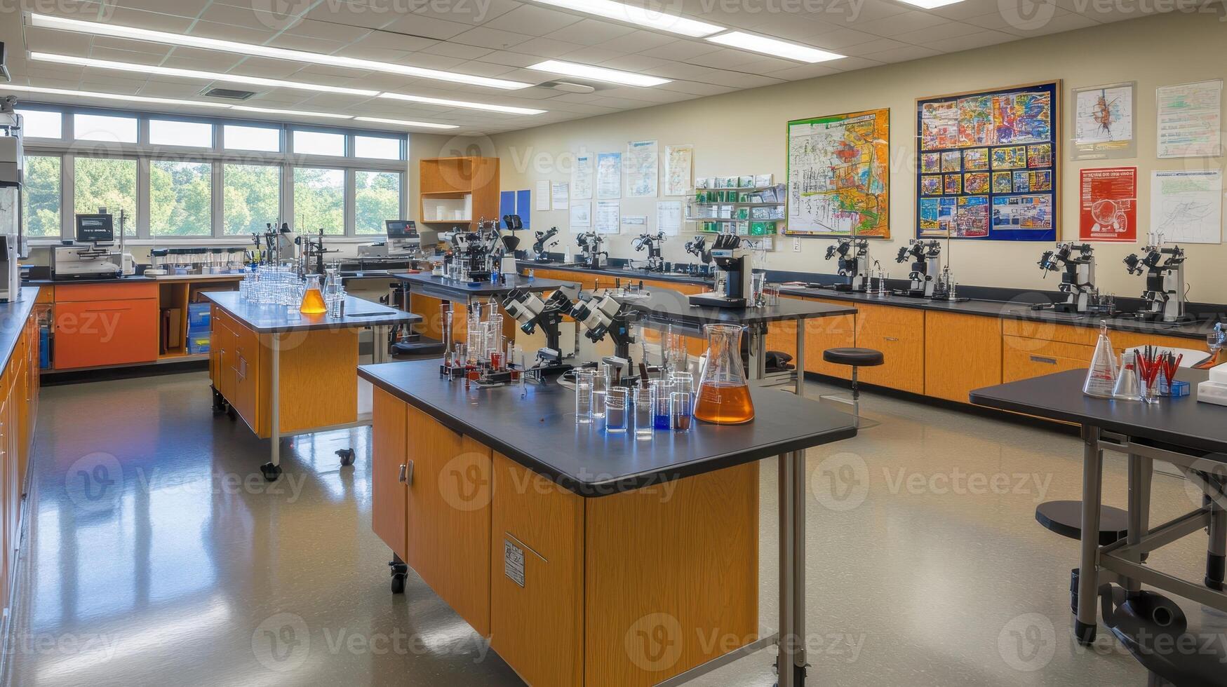 A modern science laboratory equipped with microscopes and glassware for experiments photo