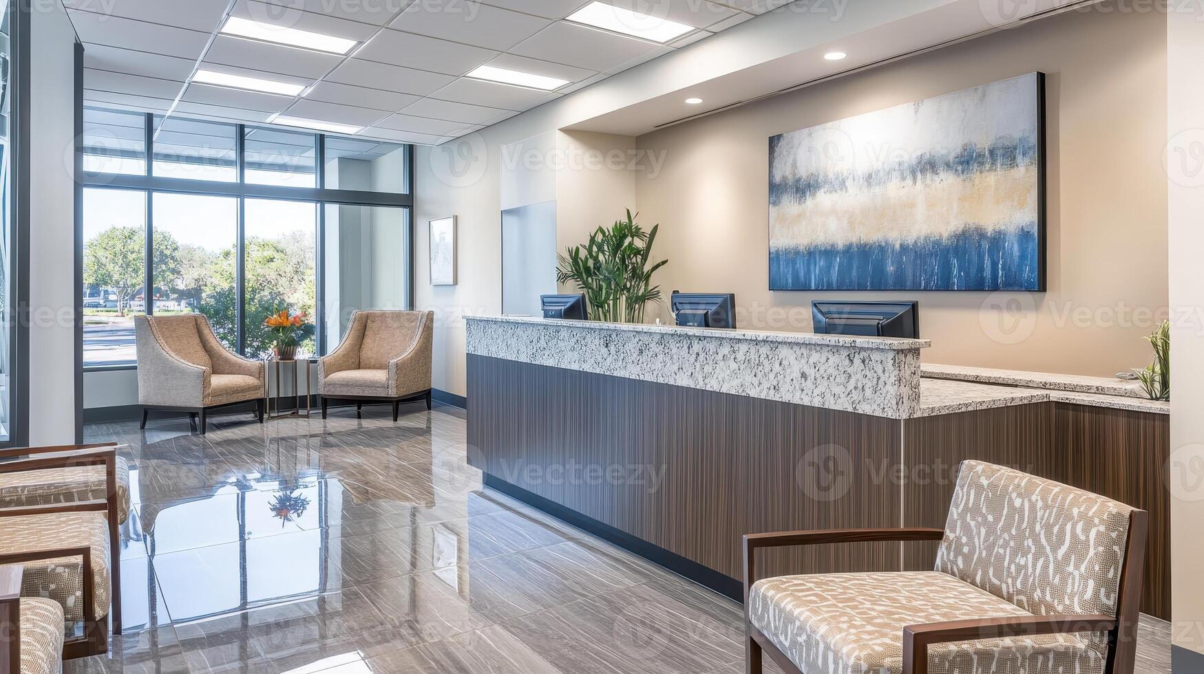 A modern reception area with seating and a decorative wall painting photo