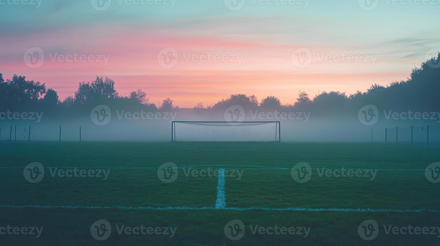 A serene football field at dawn, shrouded in mist with a colorful sky photo