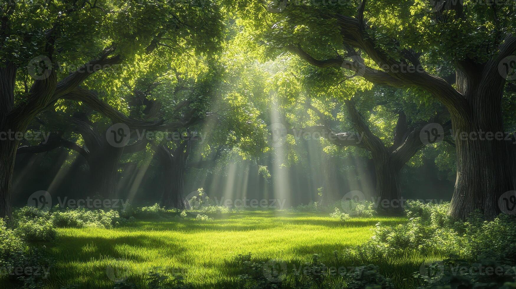 A serene forest scene with sunlight filtering through lush green trees onto a grassy clearing photo