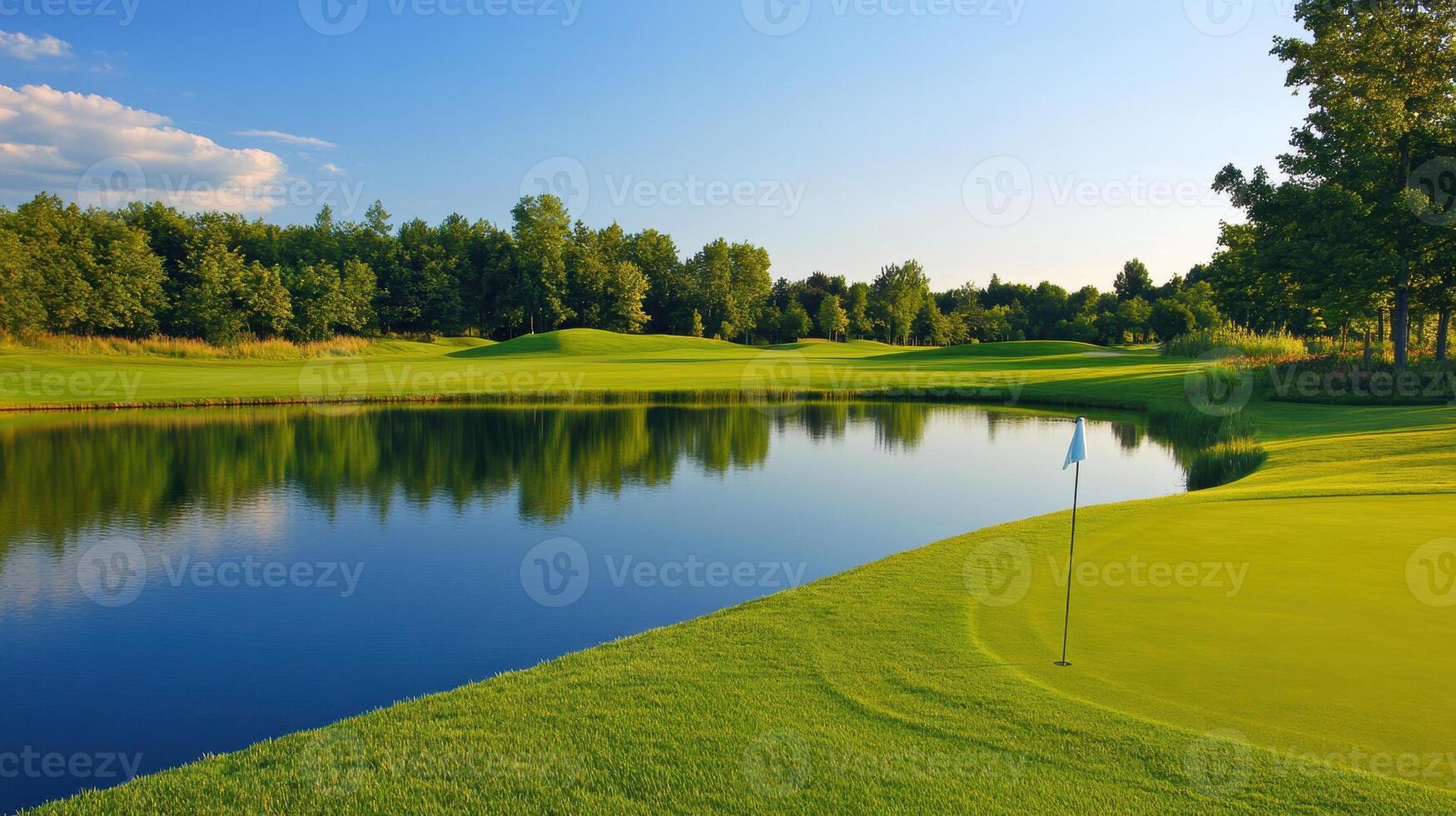 A serene golf course landscape with a calm pond and lush greenery under a clear sky photo