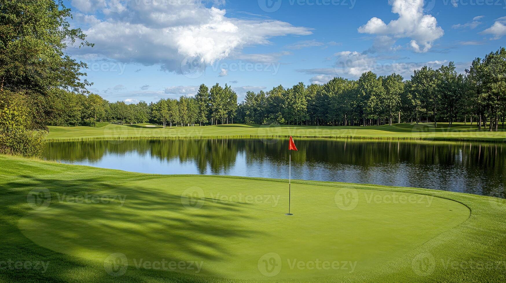 A serene golf course with a flag on the green and a reflective lake surrounded by trees photo
