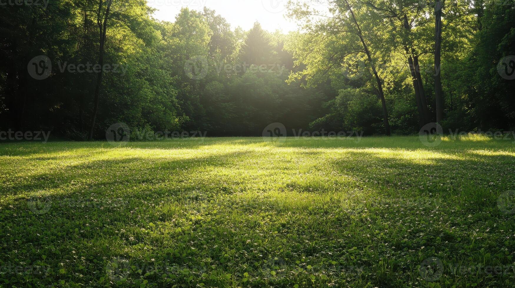 A serene green landscape with sunlight filtering through trees photo