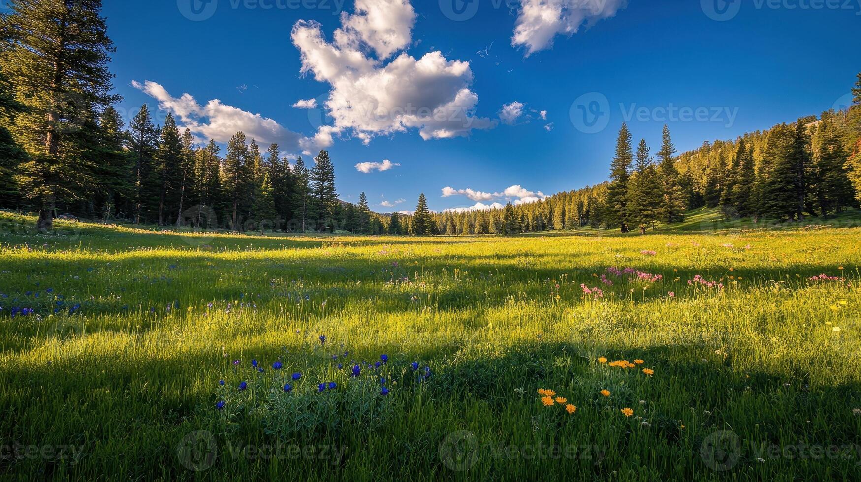 A serene landscape featuring a lush green meadow dotted with colorful wildflowers and trees photo