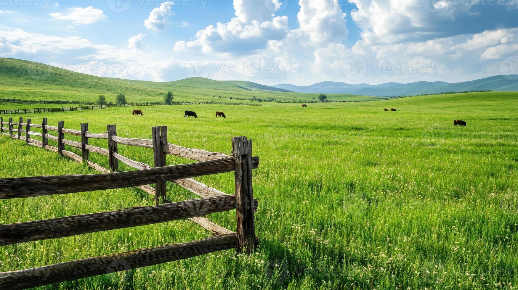 A serene landscape with green fields, a wooden fence, and grazing cows under a blue sky photo