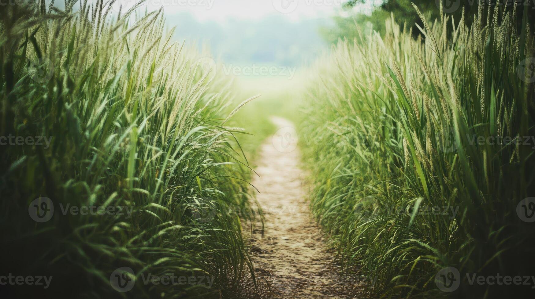 A serene pathway through tall grass leading into a natural landscape. photo