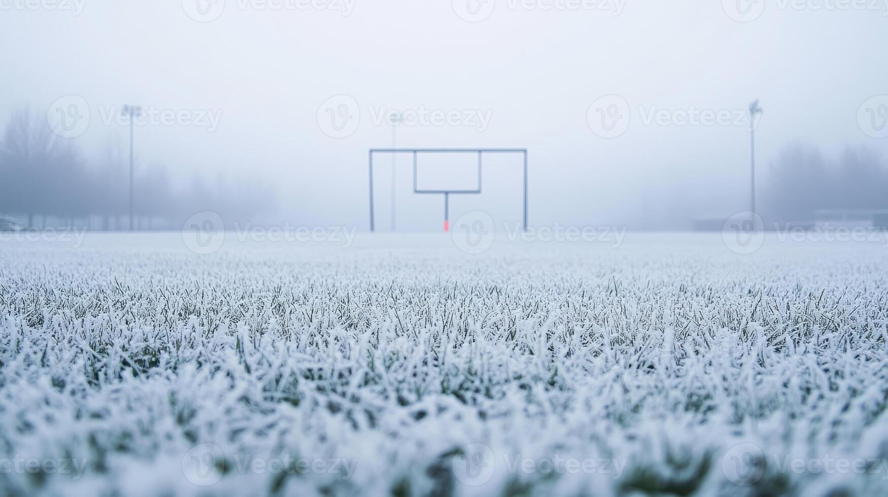 A snowy sports field with goalposts in a foggy atmosphere photo