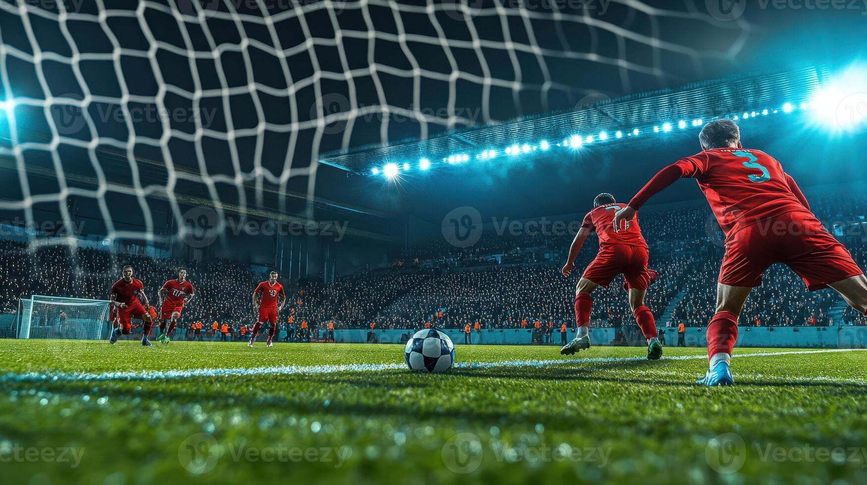 A tense moment in a football match with players preparing for a penalty kick photo