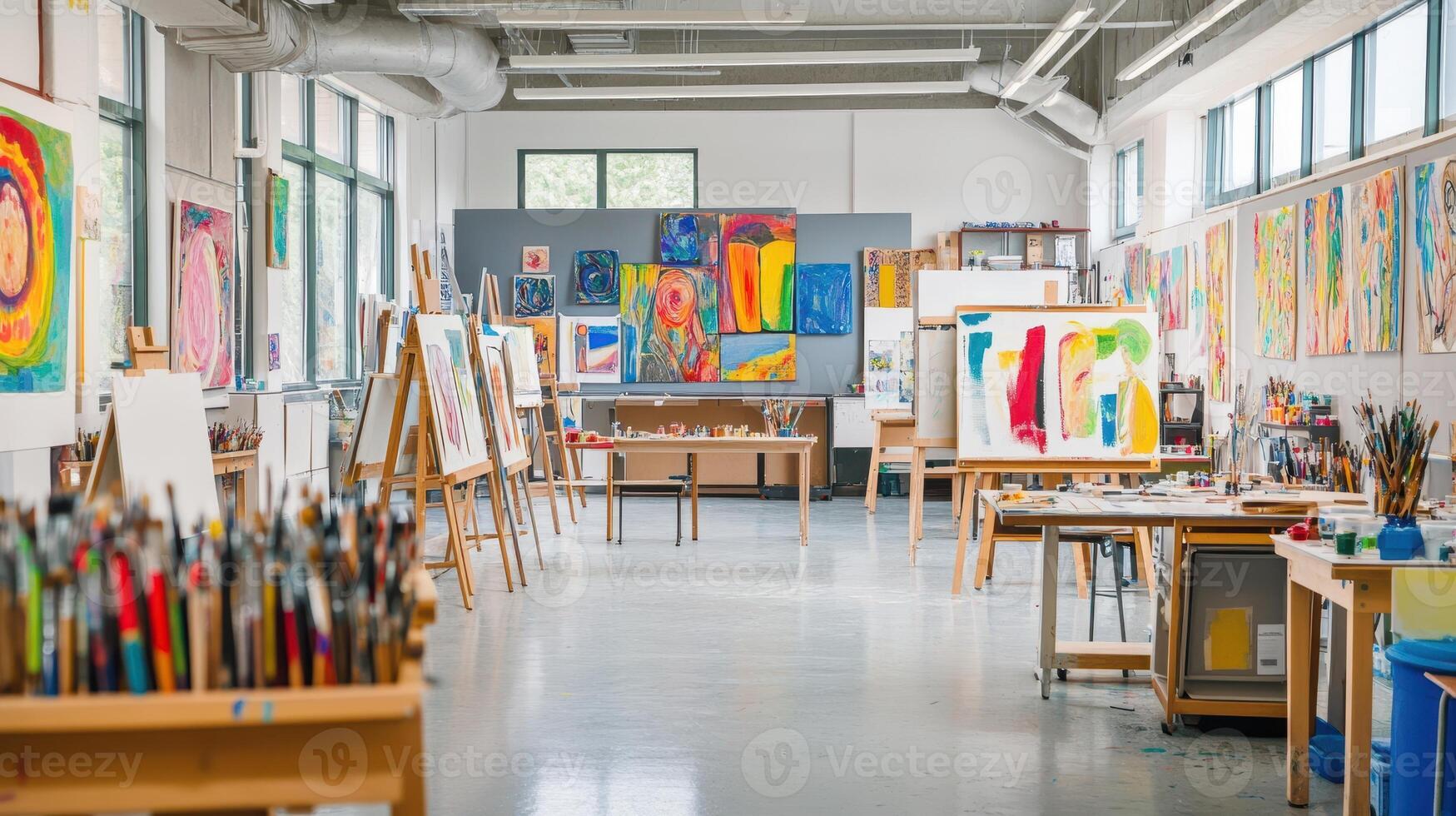 A vibrant art studio filled with easels, colorful paintings, and art supplies photo