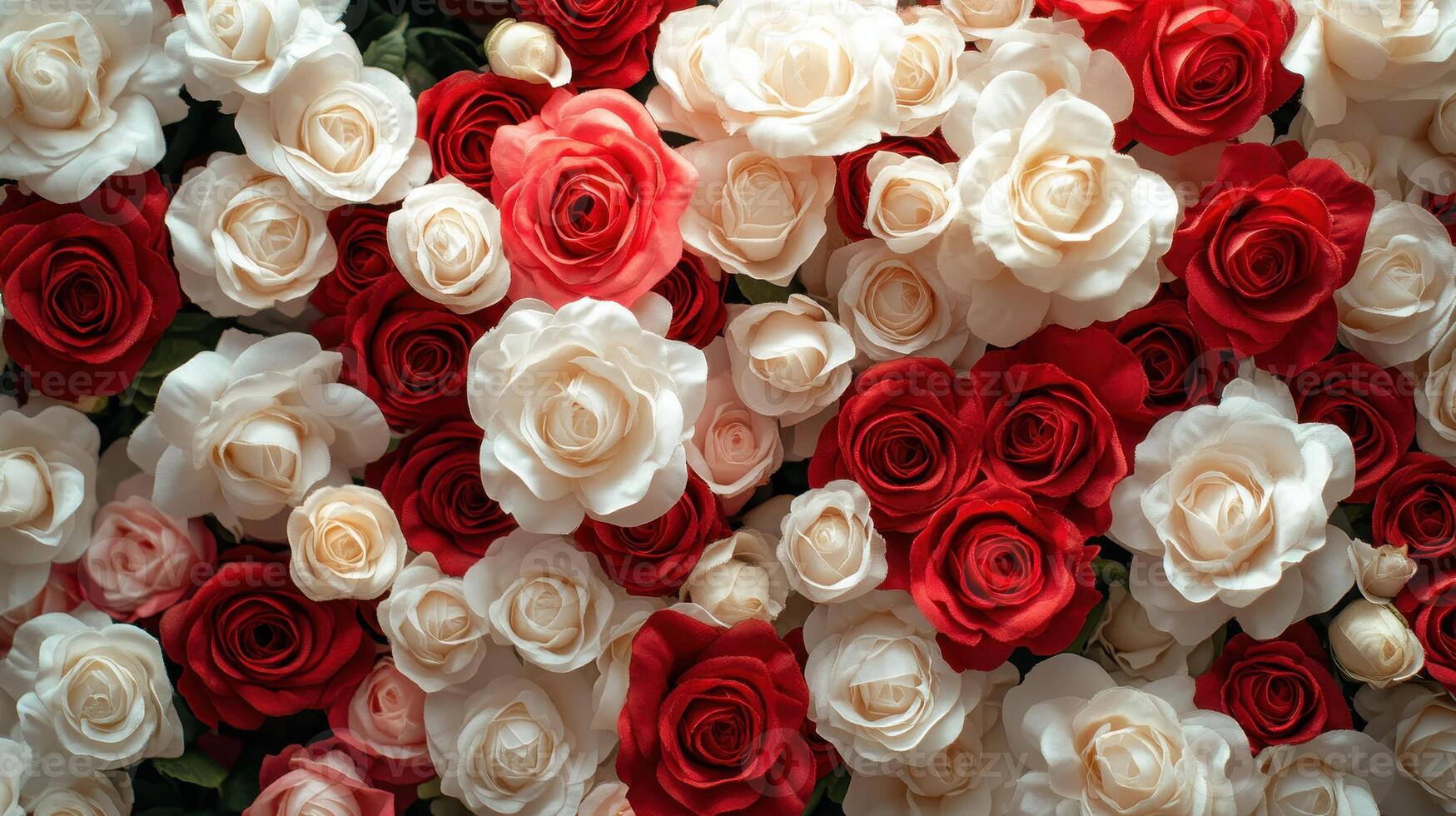 A vibrant arrangement of red, white, and pink artificial roses in a decorative display photo