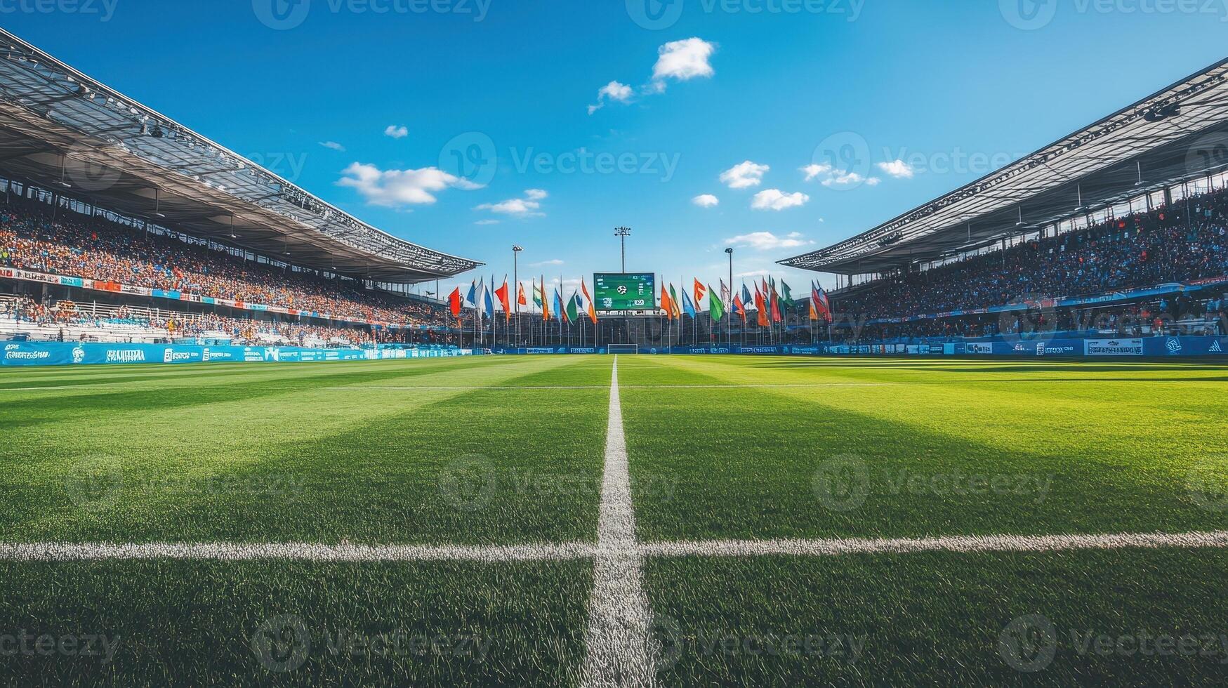 A vibrant stadium scene with flags and a green pitch, ready for a sporting event photo