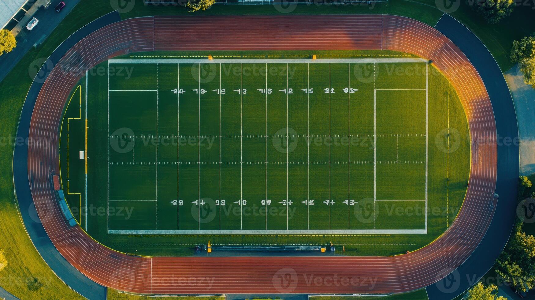 Aerial view of a well-maintained sports field with a running track photo