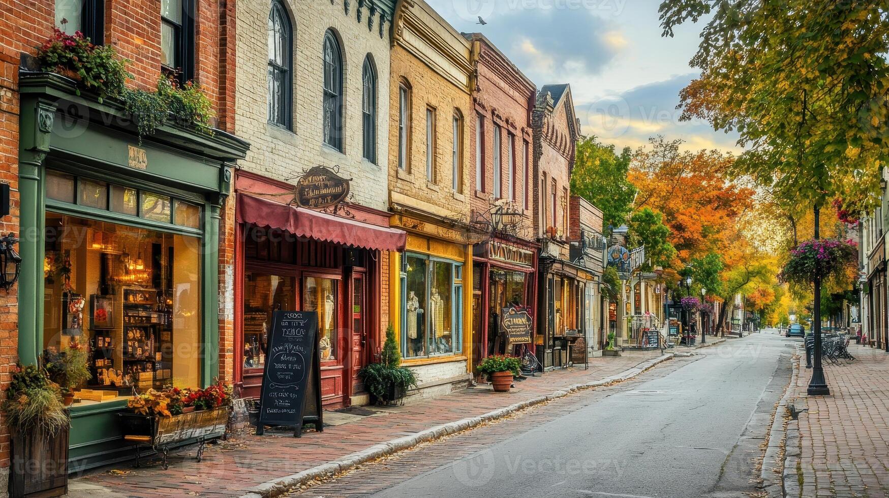 A charming street lined with quaint shops and autumn foliage photo