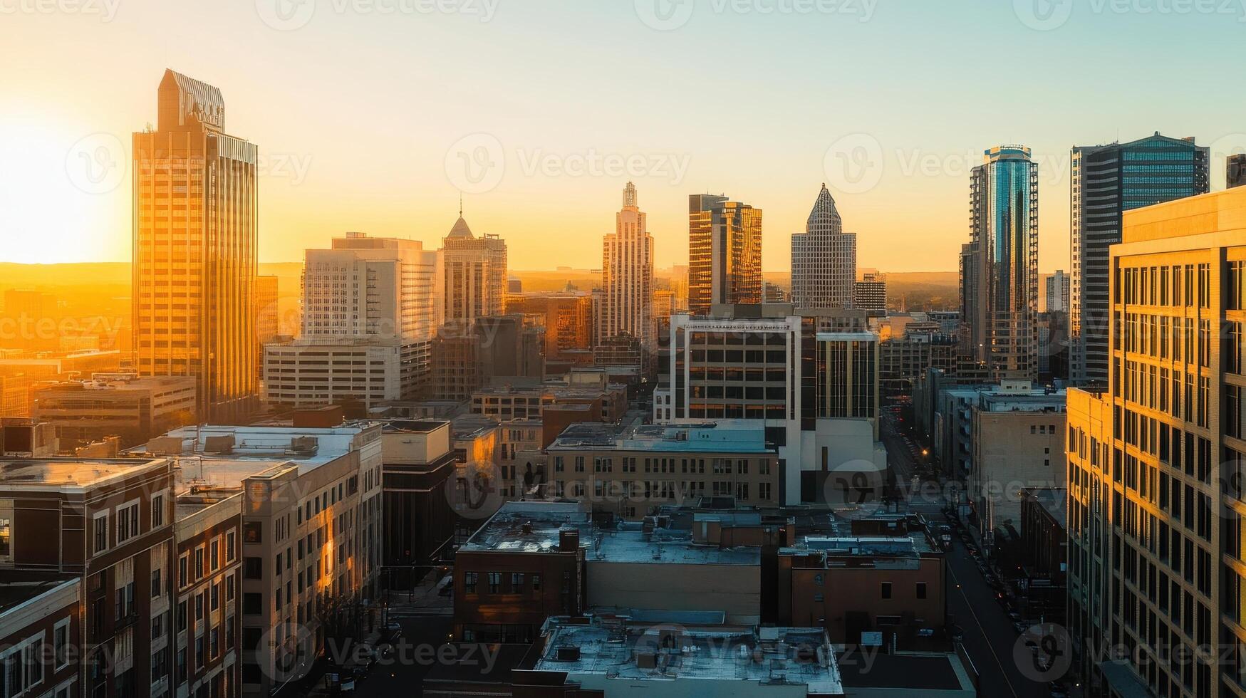 A city skyline at sunset, showcasing modern buildings and warm light photo