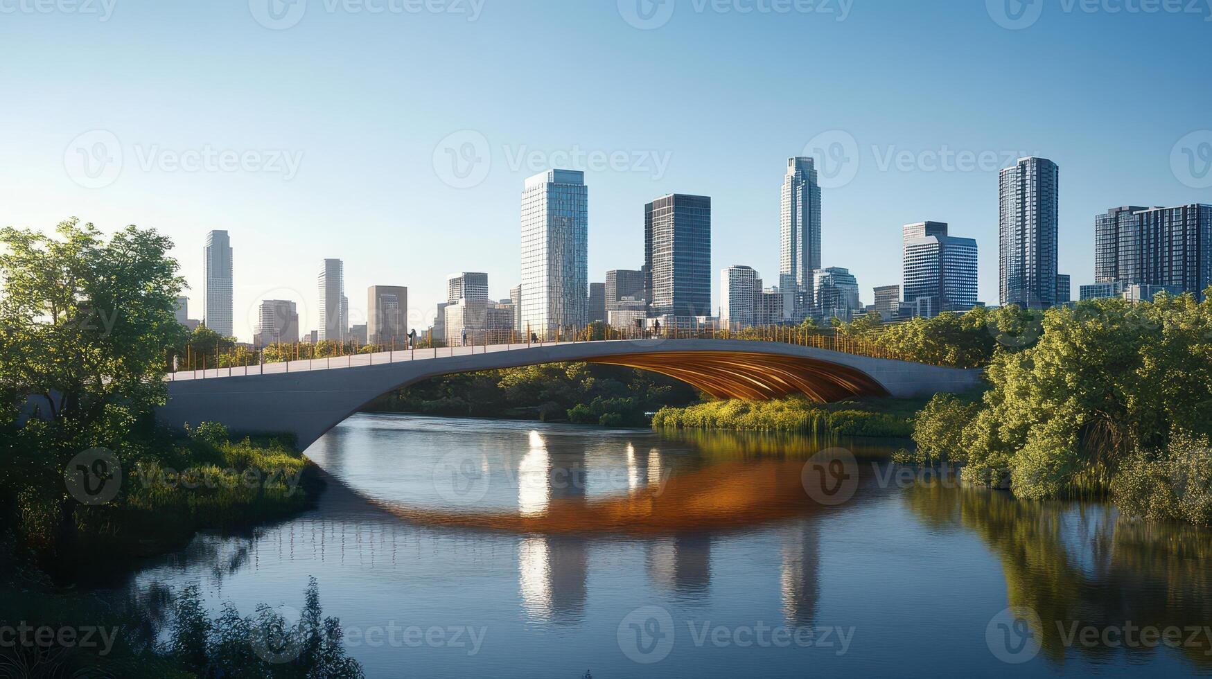 A modern bridge spans a river with a city skyline in the background, showcasing urban design photo