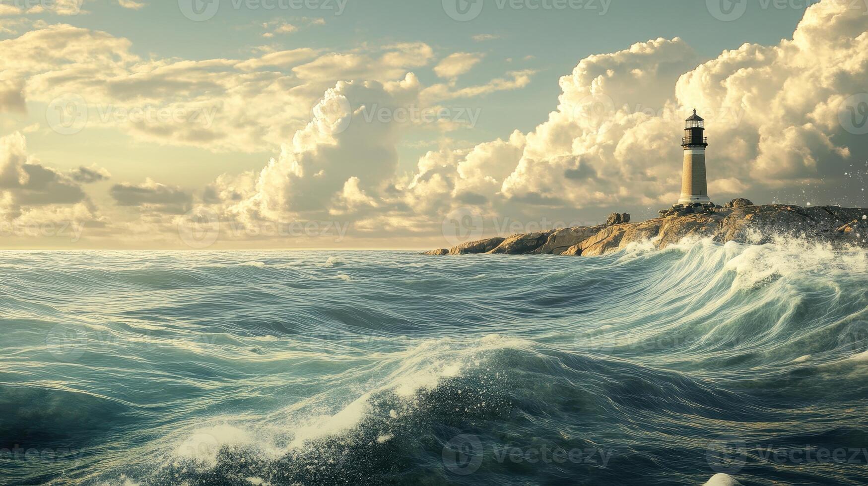A scenic view of a lighthouse by the ocean, surrounded by waves and dramatic clouds photo