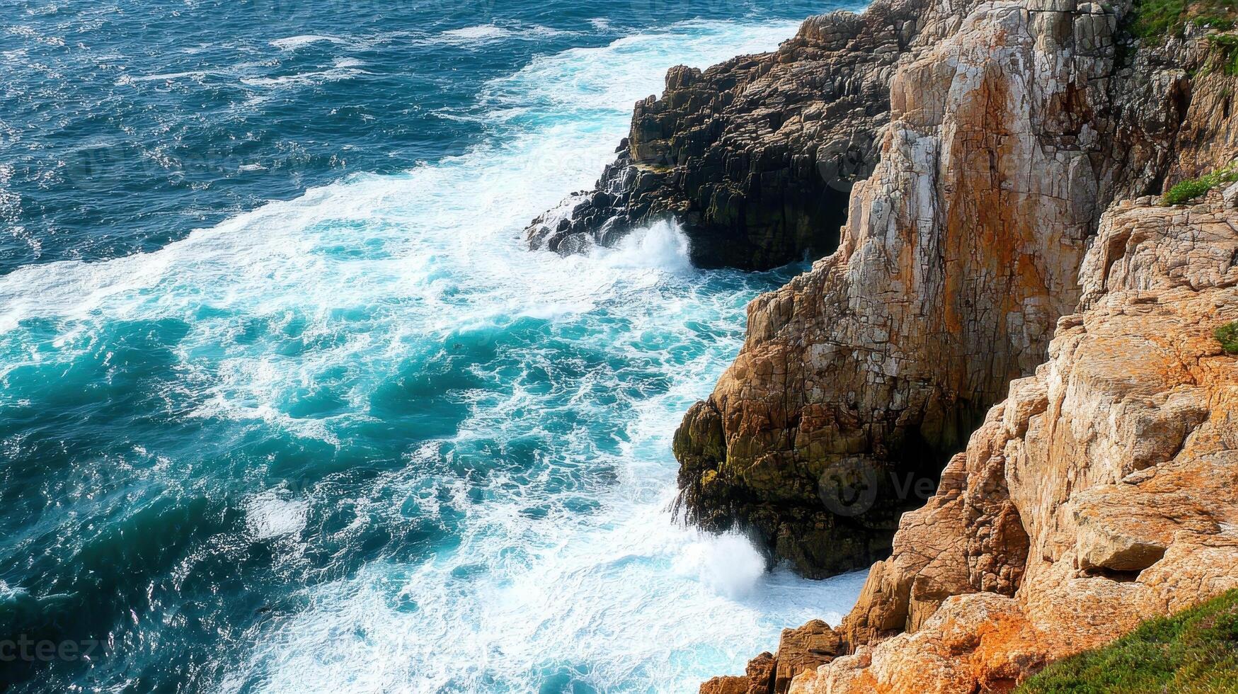 A scenic coastline with crashing waves against rocky cliffs photo