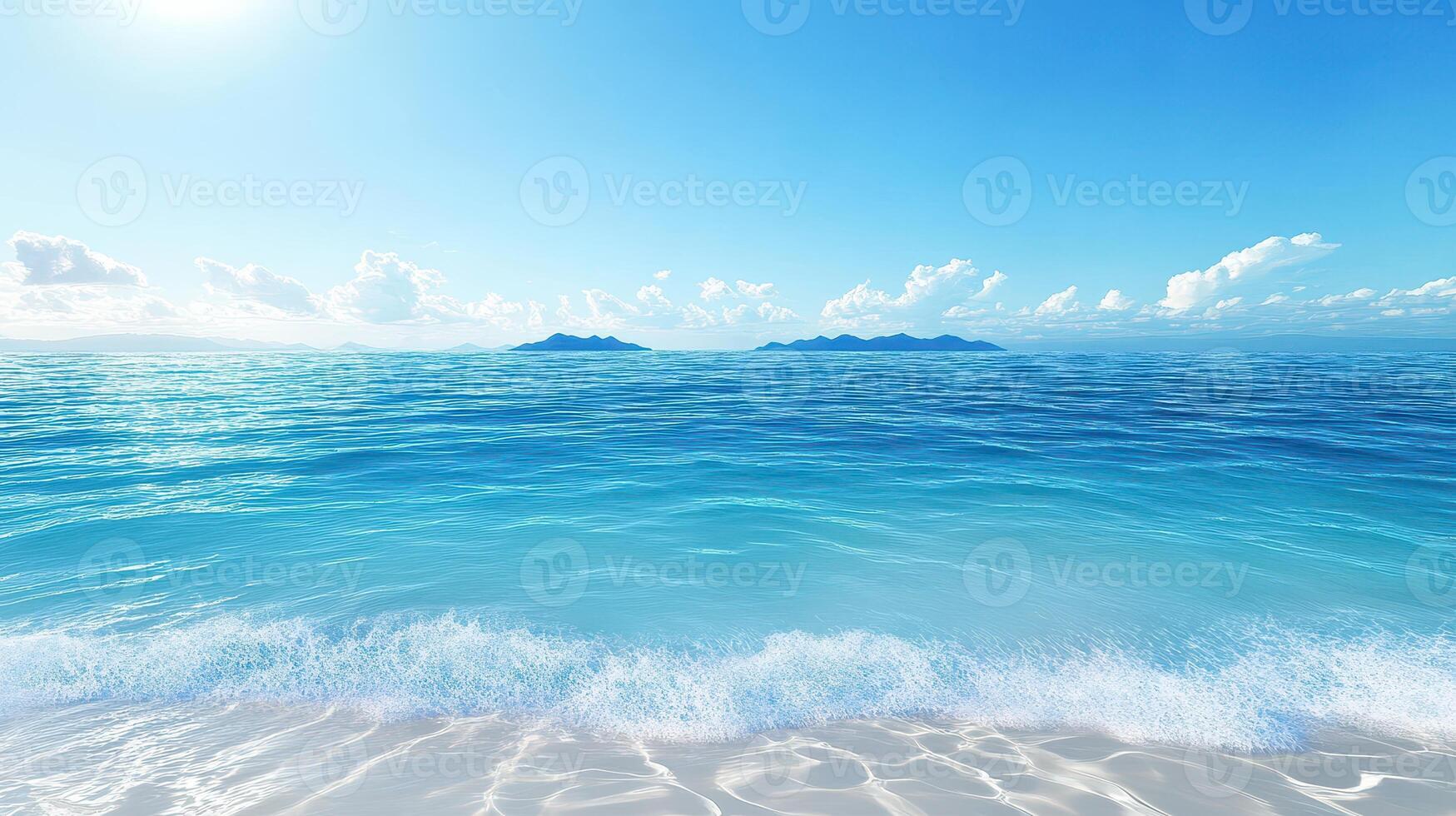 A serene beach scene with clear blue water and gentle waves under a bright sky photo