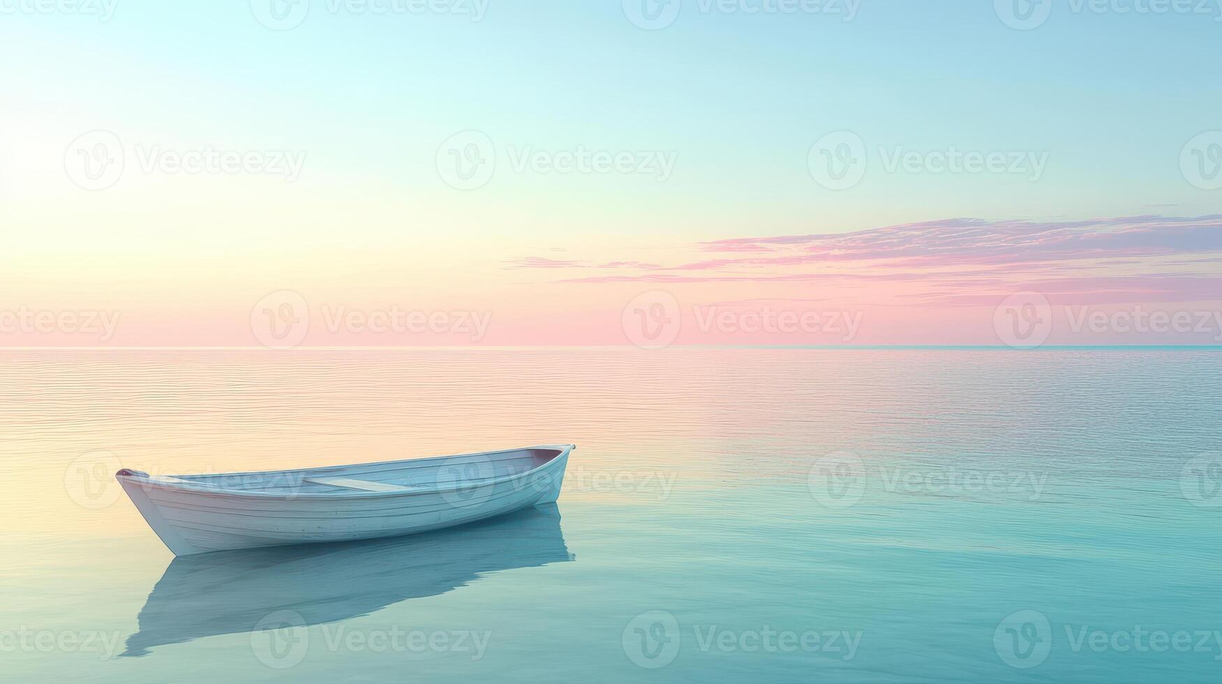 A serene boat floating on calm waters during a pastel sunset. photo