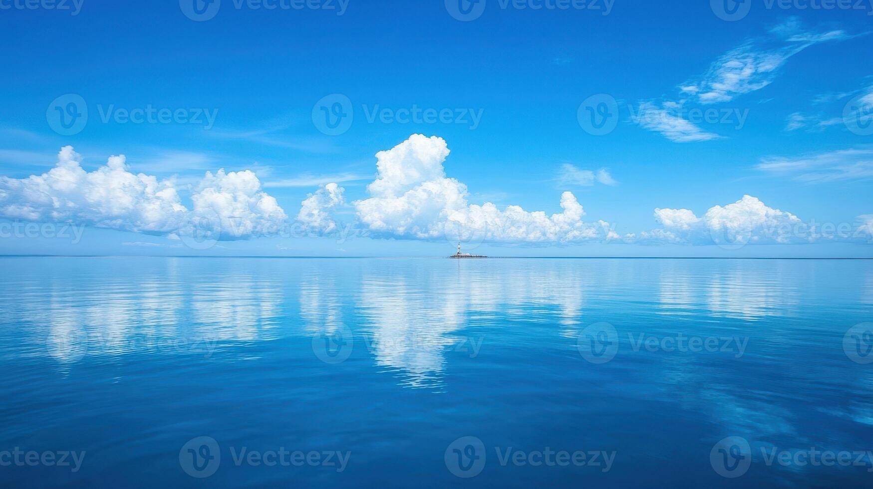 A serene seascape featuring calm waters and fluffy clouds reflecting in the ocean photo