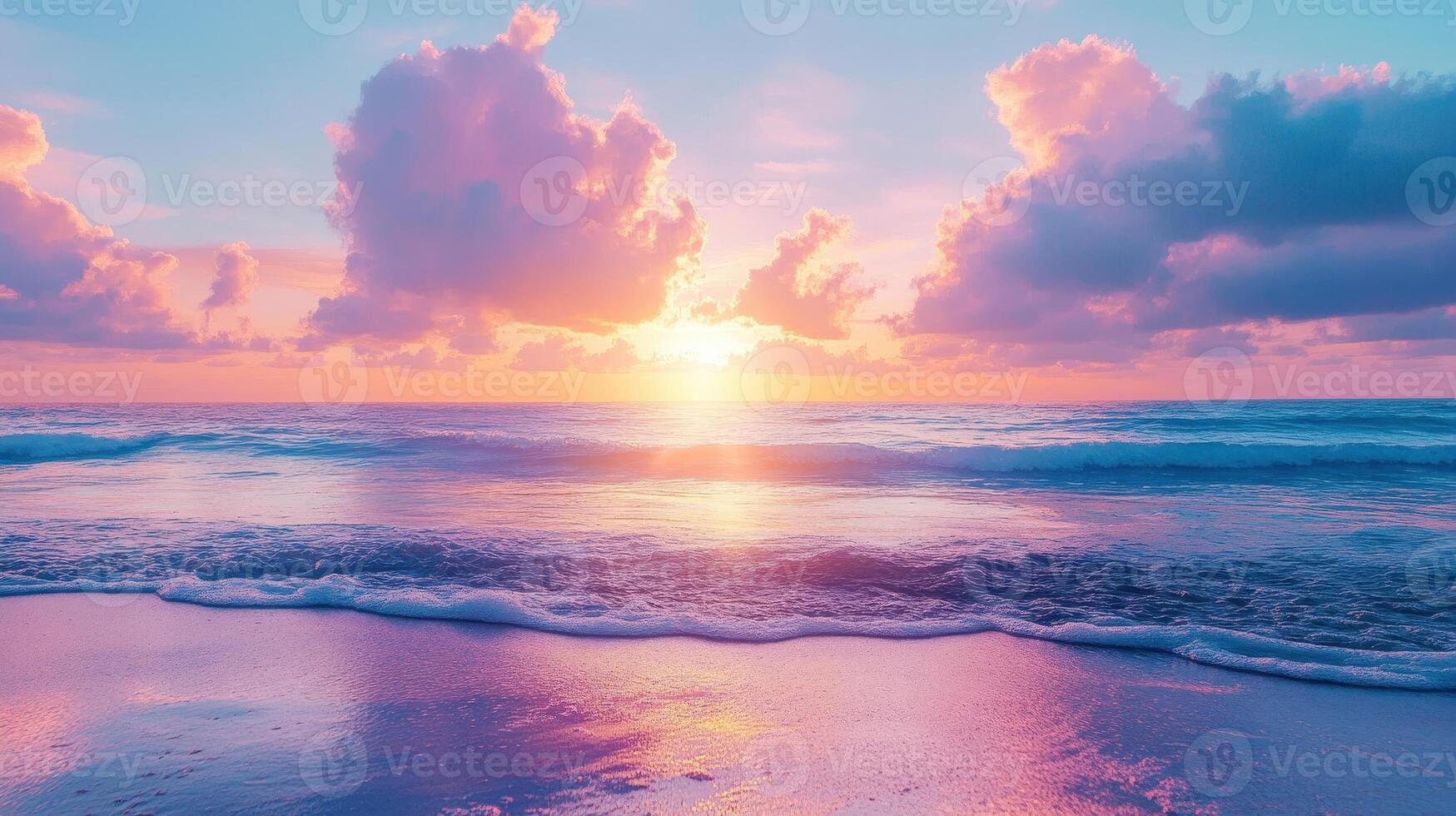 A serene sunset over the ocean with vibrant clouds and gentle waves. photo