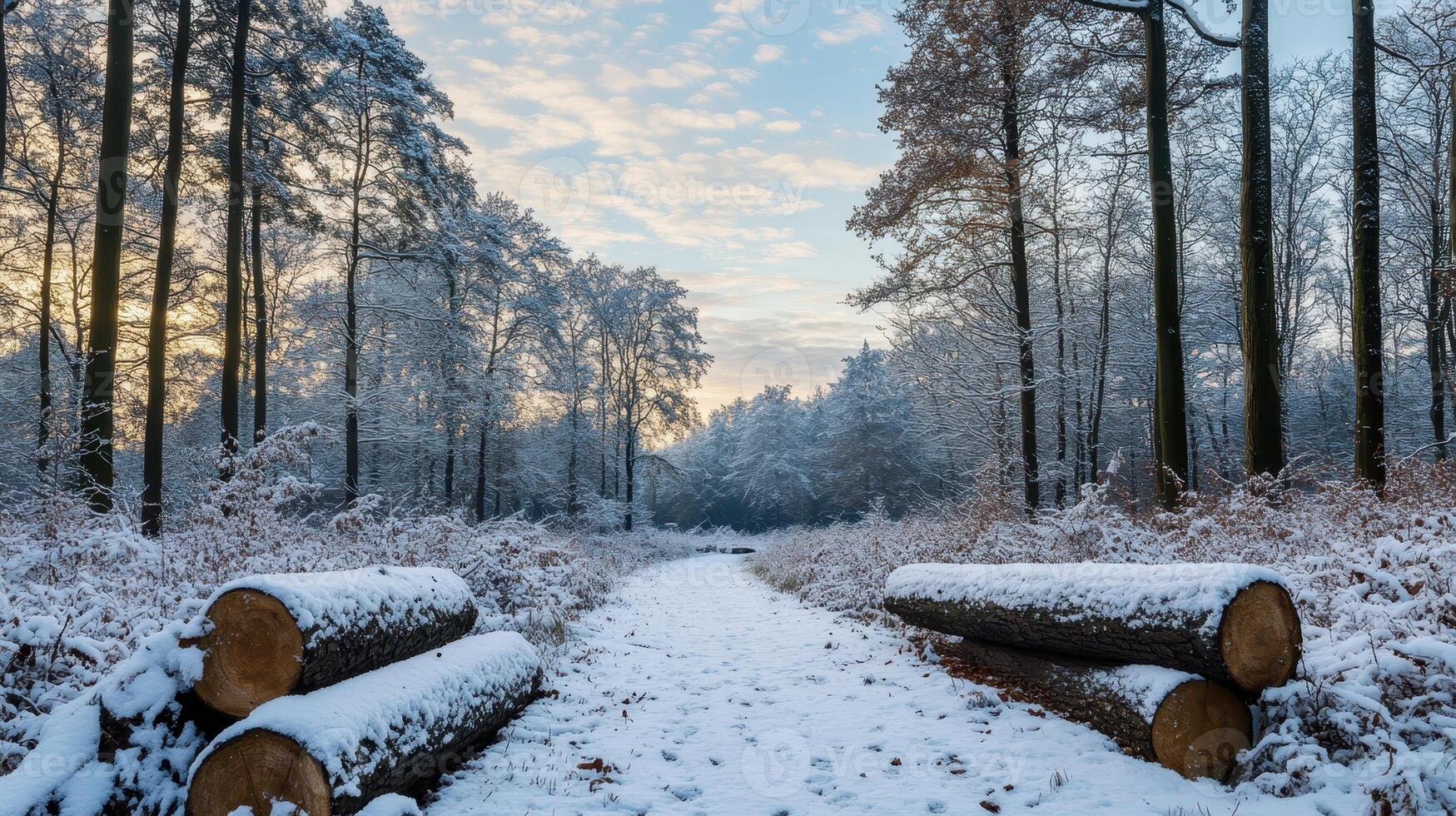 A serene winter forest path lined with freshly cut logs and snow-covered trees photo