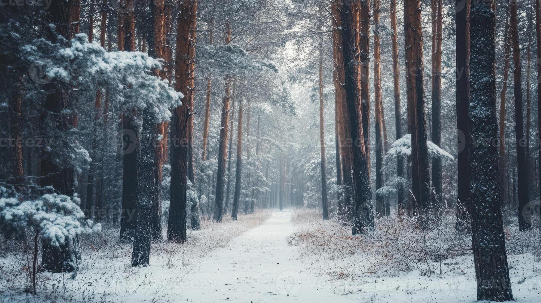 A serene winter forest path lined with snow-covered trees photo