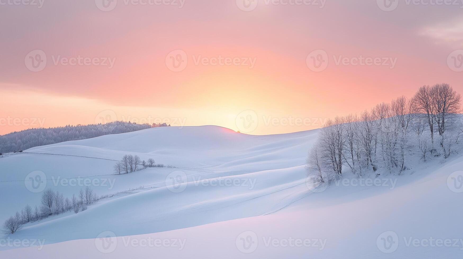 A serene winter landscape at sunrise with snow-covered hills and bare trees photo